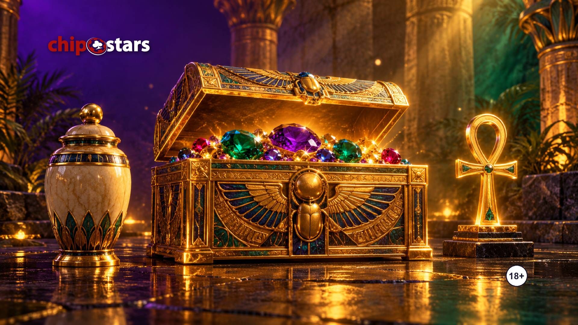 Egyptian treasure chest of gems with a canopic jar and an ankh: Mummyland Treasures slot review at Chipstars